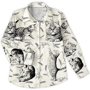 Melliflo Button Up White Shirt Women Funny Animal Print Graphic Long Sleeve M